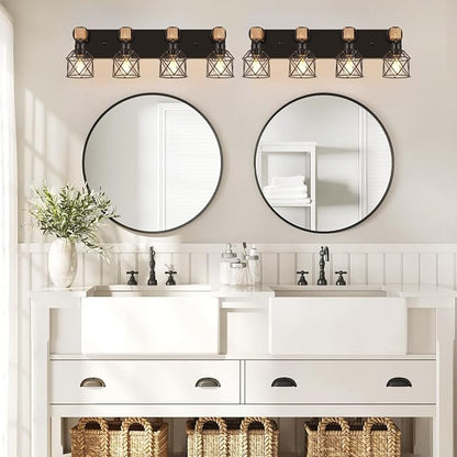 FadimiKoo 4-Light Bathroom Vanity Light Fixtures, Black Bathroom Lighting | Rustic Wood & Black Metal Shade, Wood Bathroom Lighting Fixtures Over Mirror, Wall Sconces for Bathroom Bedroom Living Room