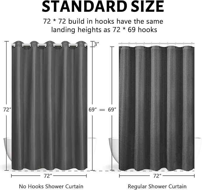 Furlinic No Hook Shower Curtain or Liner,Polyester Cloth Fabric Tall Bathroom Curtain,Modern Hotel Style with 10 Plastic Built-in Hooks,Machine Washable & Waterproof,Dark Grey,72x72 Inch