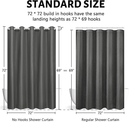 Furlinic No Hook Shower Curtain or Liner,Polyester Cloth Fabric Tall Bathroom Curtain,Modern Hotel Style with 10 Plastic Built-in Hooks,Machine Washable & Waterproof,Dark Grey,72x72 Inch
