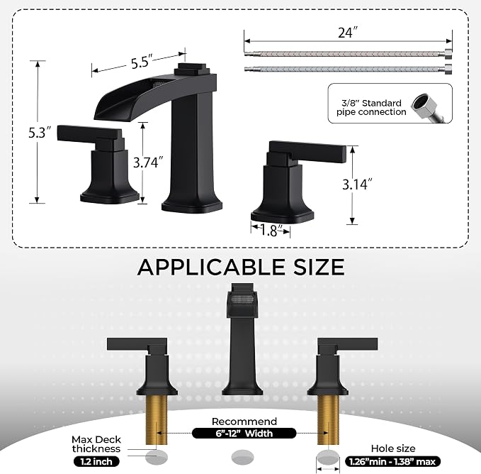 FORIOUS Brass Matte Black Commercial Bathroom Faucets 3 Hole, Waterfall Modern Widespread 8 Inch Bathroom Sink Faucet with Metal Pop-up Drain and Pre-Assembled Hose for Vanity, Restroom,Bathtub