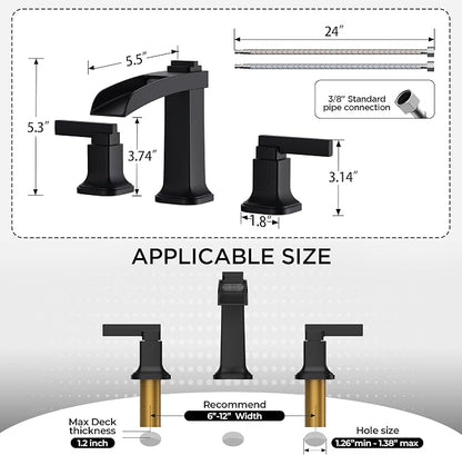 FORIOUS Brass Matte Black Commercial Bathroom Faucets 3 Hole, Waterfall Modern Widespread 8 Inch Bathroom Sink Faucet with Metal Pop-up Drain and Pre-Assembled Hose for Vanity, Restroom,Bathtub