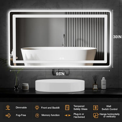 LED Bathroom Vanity Mirror with Lights, 30"x55" Lighted Wall Mirror | Front and Backlit, Anti Fog, Dimmable 3 Color Lighting, Memory Function, Shatterproof Glass, Plug in or Hardwired