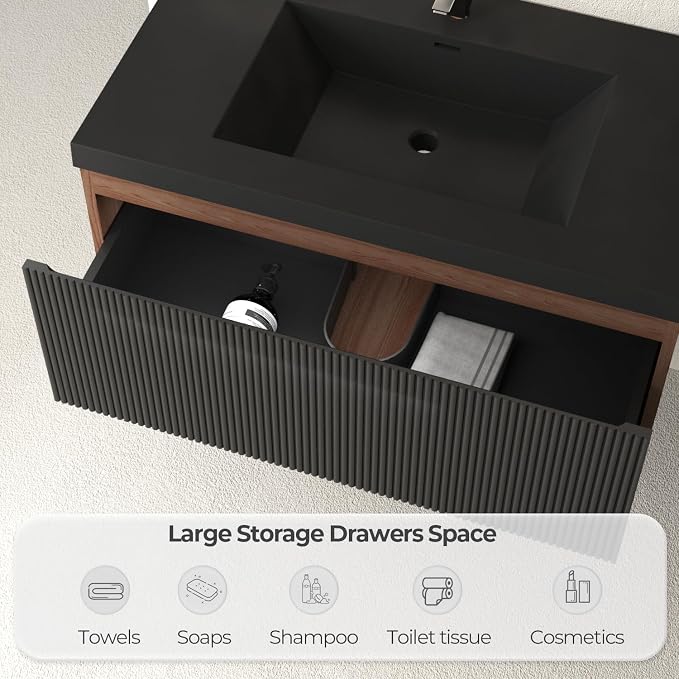 36 Inch Floating Bathroom Vanity with Sink, Wall Mounted Striped Storage Cabinet, Soft Close Drawer, Black Quartz Sand Basin, Fully Assembled, Smoked Walnut Finish