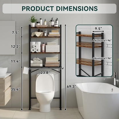 GloTika 4-Tier Over The Toilet Storage, Anti-Tilt, 69.3" H, Black Brown | Anti-Tilt Safety System, 150lb Capacity, Carbon Steel, Freestanding, Anti-Rust Coating, Paper Holder & 4 Hooks