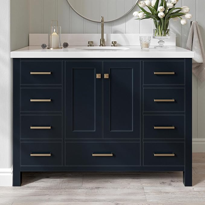 ARIEL Cambridge 48-inch Bathroom Vanity with Sink,Solid Wood, 1.5-inch Pure White Quartz Countertop & Backsplash, Single Oval Porcelain Sink, 2 Soft Closing Doors, 9 Dovetail Drawers, Midnight Blue