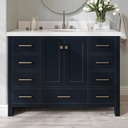 ARIEL Cambridge 48-inch Bathroom Vanity with Sink,Solid Wood, 1.5-inch Pure White Quartz Countertop & Backsplash, Single Oval Porcelain Sink, 2 Soft Closing Doors, 9 Dovetail Drawers, Midnight Blue