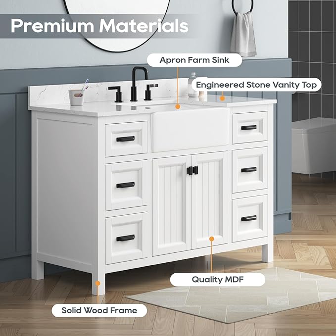 48 Inch Bathroom Vanity with Sink, Solid Wooden Frame Bathroom Storage Cabinet, Modern Bathroom Vanities Set Bathroom Cabinet with Soft Closing Doors & Drawers-White