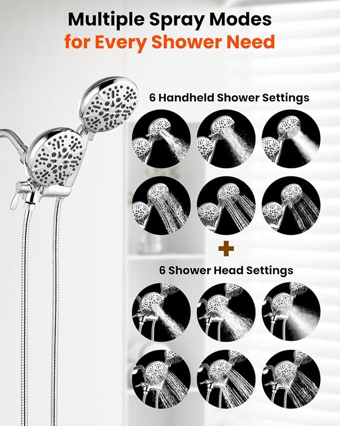 gotonovo Dual Shower Head with Valve 6 Mode Handheld Spray Polished Chrome | 6 Mode ABS Rain Head with Handheld Spray,2 in 1 Bathroom Trim Kit,Shower Head and Handle Set,Brass Rough-in Valve,Wall Mount