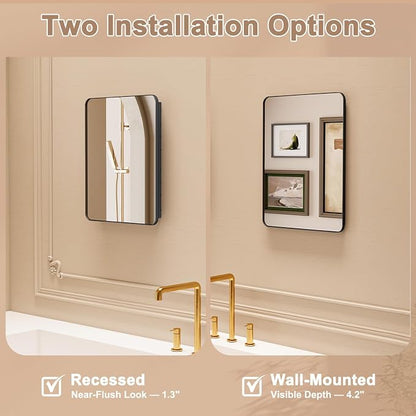 14x18 in Medicine Cabinet with Mirror for Small Space, Matte Black | Fully Assembled; Recessed or Surface Mount; Metal Construction with One Adjustable Glass Shelf for Flexible Storage