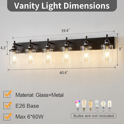 6-Light Black Bathroom Light Fixture Over Mirror Modern Farmhouse Bathroom Vanity Light Vintage Wall Lighting with Clear Glass Shade for Bathroom, Bedroom, Hallway, Cabinet
