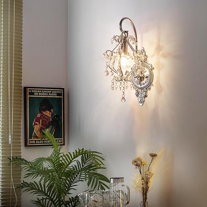 Fetason Indoor Hardwired Silver Crystal Vintage Wall Sconces Light Set of 2 | Modern Wall Mounted Lamp Light Fixture for Bedroom Living Room Bathroom Vanity Light Hallway Light Fixture Decor LED E12