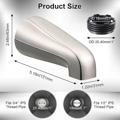 Dreyoo Universal Bath Tub Spout with Adapter, 5" Bathroom Bathtub Faucet Spout Without Diverter, Fits for 1/2'', 3/4'' IPS Inside Thread Connection and Tub/Shower Faucet Brands(Brushed Nickel)