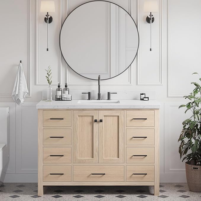 ARIEL Cambridge 48-inch Bathroom Vanity Base Cabinet,Solid Wood, 2 Soft Closing Doors, 9 Dovetail Drawers, White Oak