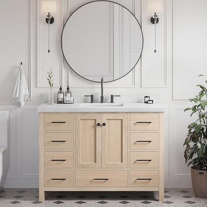 ARIEL Cambridge 48-inch Bathroom Vanity Base Cabinet,Solid Wood, 2 Soft Closing Doors, 9 Dovetail Drawers, White Oak