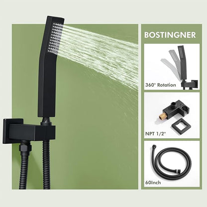 Shower System with Body Jets,Bostingner 3 Way Shower Faucet Set 12" Rain Shower Head with Handheld Spray, Can Use at Same Time,Push Button Diverter Shower Head Set Complete, Matte Black