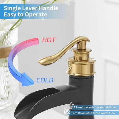 BWE Bathroom Sink Faucet Gold with Matte Black Waterfall Farmhouse Vanity Lavatory Single Hole Faucets One Handle Bath Antique Mixer with Water Supply Line