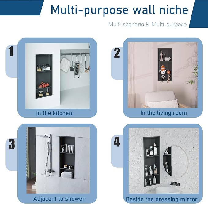 30 x 12 Inch Shower Niche, Matte Black Stainless Steel Recessed Wall Niche, No Tile Needed Built-in Shower Shelf, 3-Tier Bathroom Storage Organizer, Waterproof Rustproof