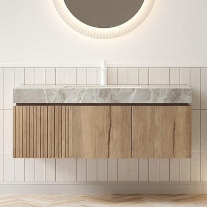 LKTART Floating 48 Inch Bathroom Vanity with Sink, Modern Plywood Wall Mounted Bathroom Storage Cabinet with 2 Doors and 1 Drawer, Roma Travertine-Pattern Sintered Stone Countertop and Ceramic Basins