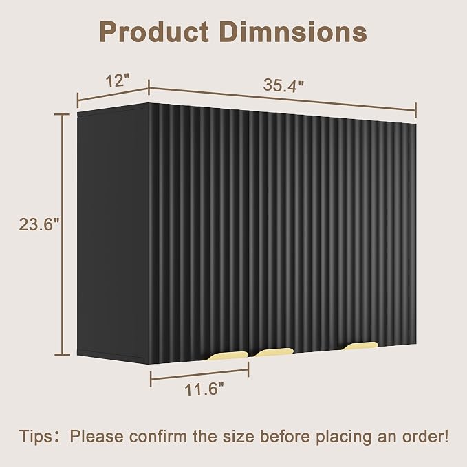 ChooChoo Bathroom Wall Cabinet, Laundry Room Cabinet with 3 Fluted Doors | Kitchen Storage Cupboard Cabinet with Adjustable Shelf, Fluted Wall-Mounted Medicine Cabinet for Kitchen, Garage, Black