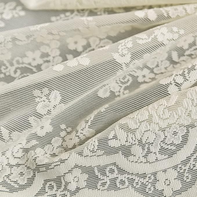 Ivory Lace Shower Curtain 72x72, Vintage Shabby Chic with Attached Valance | Fancy Shower Curtain with Scalloped, Flower Lace, Light-Filtering for Luxury Elegant Shabby Chic Bathrooms Light Beige