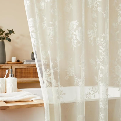 Ivory Lace Shower Curtain for Bathroom Romantic Floral Shower Curtain with Attached Valance Romantic Cream Luxury Lace, Vintage Shabby Chic Bath Curtains for Master Bath Apartment Women, 1 Panel 72x72