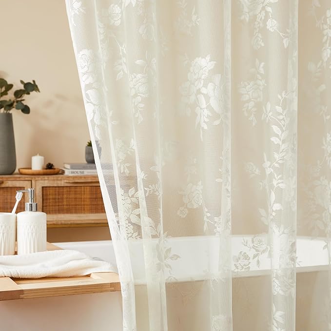 Ivory Lace Shower Curtain for Bathroom Romantic Floral Shower Curtain with Attached Valance Romantic Cream Luxury Lace, Vintage Shabby Chic Bath Curtains for Master Bath Apartment Women, 1 Panel 36x72