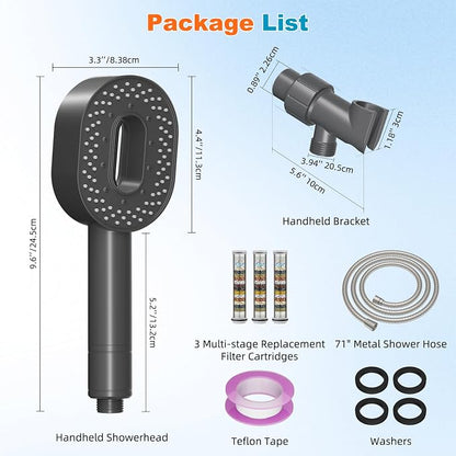 Hibbent Filtered Handheld Showerhead with 3 Filters, 5 Sprays Shower Head | Gray High Pressure Shower Heads, Brass Holder & 71" Metal Hose, Water Soft Filter Remove Chlorine, Reduce Dry Itchy Skin