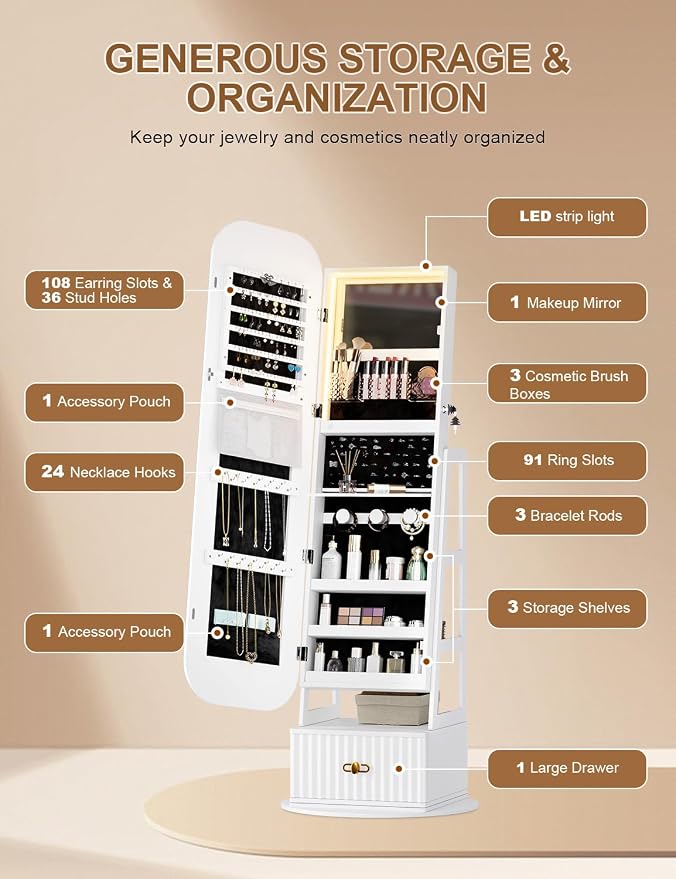 Jewelry Cabinet with RGB Mirror and Foldable Makeup Shelf - White | SKKTKT Standing Jewelry Armoire - Rotating Storage, RGB Mirror and Foldable Makeup Shelf