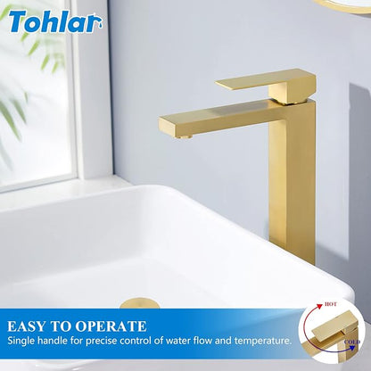 Tohlar Gold Bathroom Faucet, Single Hole Vanity Sink Faucet with Drain | Brushed Gold Bathroom Sink Faucet, Single Handle Faucet with Pop Up Drain and Water Supply Lines, Stainless Steel