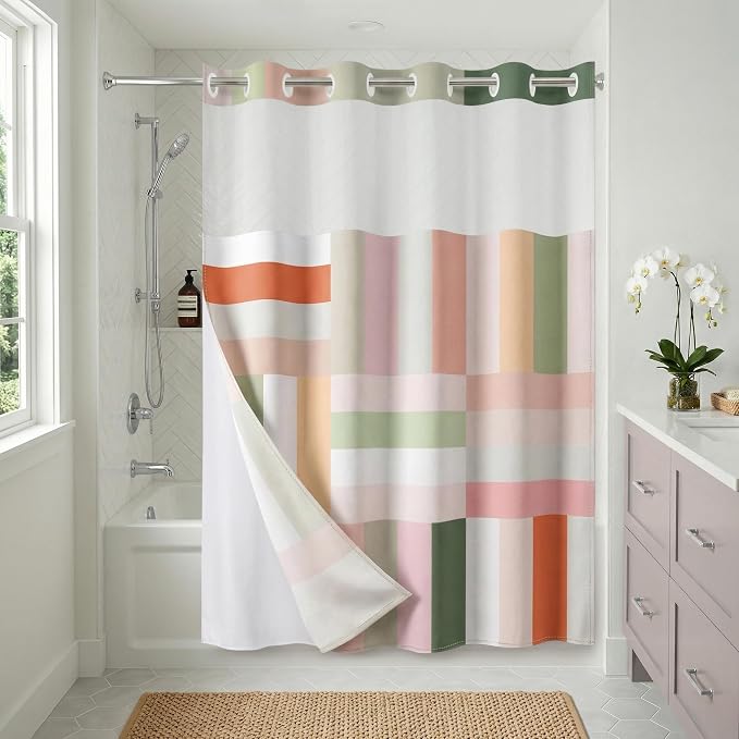 Americanflat 72x75 Hookless Shower Curtain - Water-Resistant Modern Stripe Shower Curtain with Sheer Panel, Snap-In Liner, and Grommets - 100% Polyester - Pink, Sage Green, Terracotta, Peach and White
