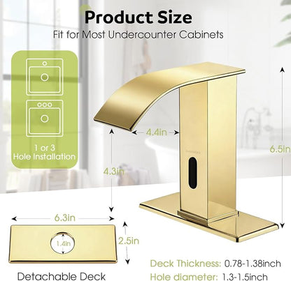 Touchless Bathroom Faucet with Waterfall Spout,Motion Automatic Sensor Bathroom Sink Faucet with Hole Cover Plate, Stainless Steel Hands Free Vanity Faucet(Regular, Gold)