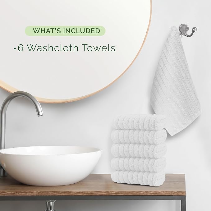 Elegant Comfort 100% Turkish Cotton Corduroy Ribbed Luxury Washcloths 6 Pack Soft 13 x 13 Inch - Higly Absorbent, Durable, Quick Dry, Spa Premium Hotel Quality for Bathroom or Travel, White