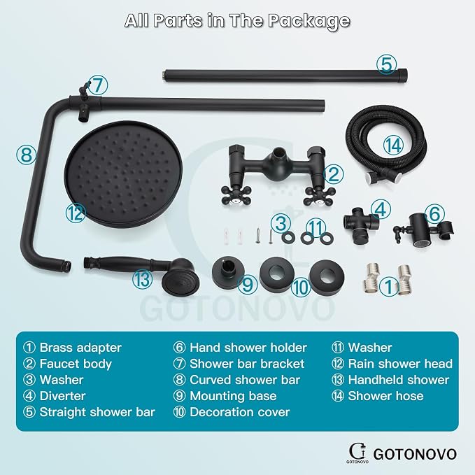 gotonovo Exposed Shower System Wall Mount,Matte Black,Metal Handheld | 8” Rain Shower Head Faucet Set Fixtures,2 Function,Two Cross Handle,Height Adjustable,for 5-6.7" Hole,Indoor Victorian Retro