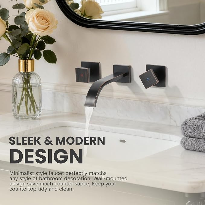 Wall Mount Bathroom Faucet 3 Hole Oil Rubbed Bronze Bathroom Faucet | Waterfall Bathroom Faucet with Two Handles, Brass Bathroom Sink Faucet with Rough-in Valve, Vessel Sink Faucet for Vanity