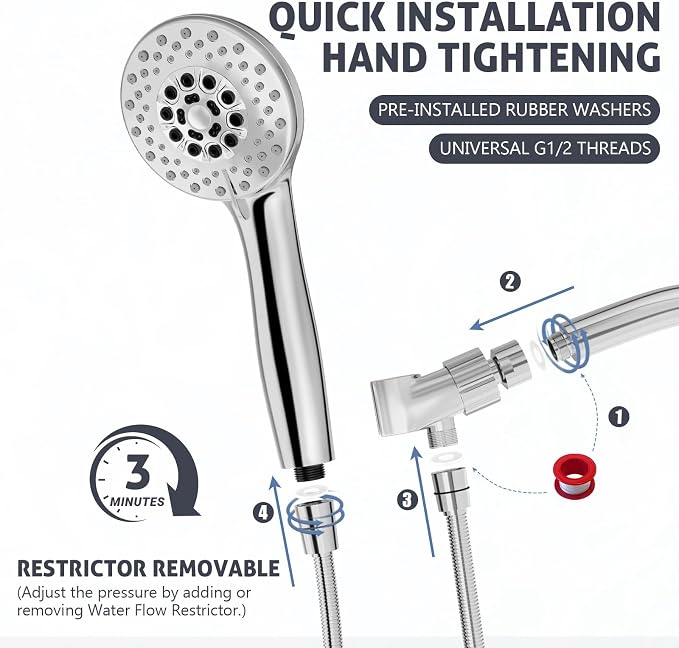 High Pressure Shower Head with Powerful Shower Spray & 59'' Stainless Steel Hose, 5 Spray Modes, Adjustable Bracket and Non-Clogging Nozzles（Black）