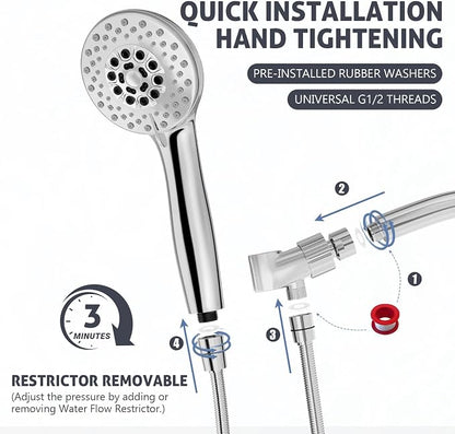 High Pressure Shower Head with Powerful Shower Spray & 59'' Stainless Steel Hose, 5 Spray Modes, Adjustable Bracket and Non-Clogging Nozzles（Black）