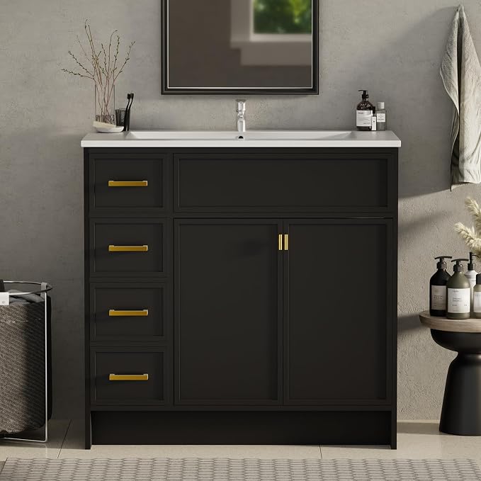 36 Inch Freestanding Bathroom Vanity with Sink, Shaker Style Black Cabinet with 4 Drawers & Double Doors, Waterproof Lacquer Finish, Multi-Drawer Storage for Master Bathroom