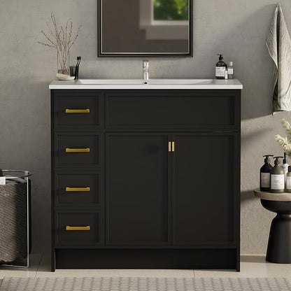 36 Inch Freestanding Bathroom Vanity with Sink, Shaker Style Black Cabinet with 4 Drawers & Double Doors, Waterproof Lacquer Finish, Multi-Drawer Storage for Master Bathroom