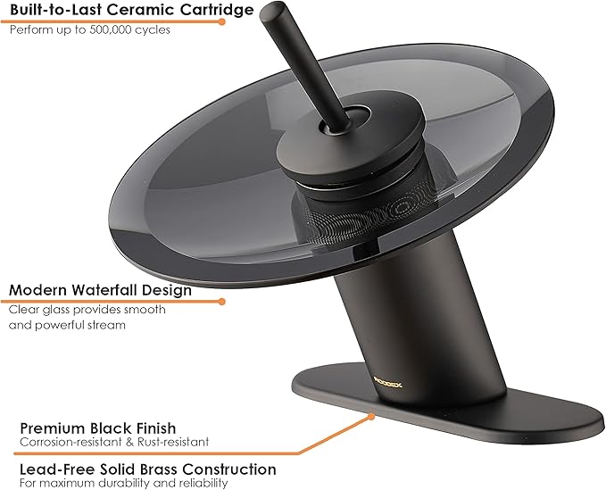 Waterfall Bathroom Sink Faucet Solid Brass Modern Circle Glass Waterfall Faucet for Basin Vanity Single Hole Pedestal Sink Faucets One Handle Corner Sink Bathroom Faucet, Short, Black