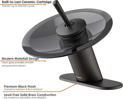 Waterfall Bathroom Sink Faucet Solid Brass Modern Circle Glass Waterfall Faucet for Basin Vanity Single Hole Pedestal Sink Faucets One Handle Corner Sink Bathroom Faucet, Short, Black