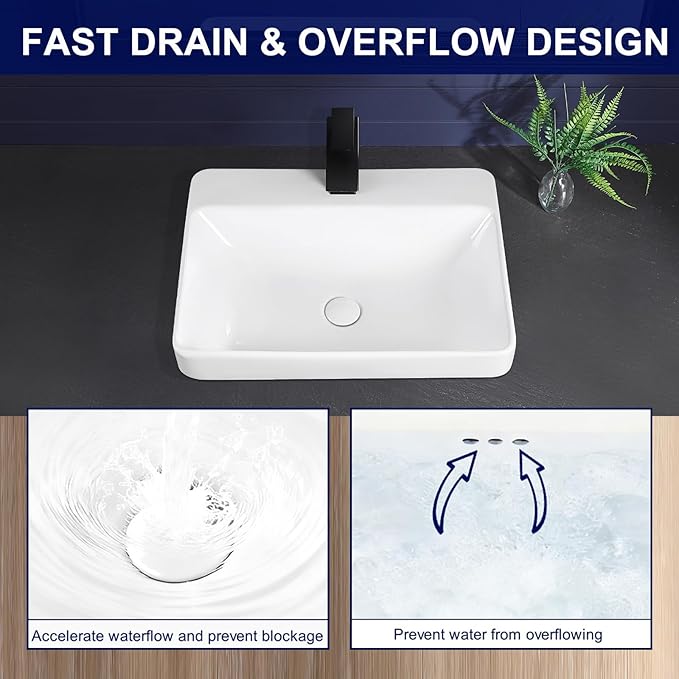Vessel Sink 23"x18" Semi Recessed Bathroom Sink Drop-in White Bathroom Sink Porcelain Ceramic Modern Rectangular Sinks Drop-in Vanity Sinks with Overflow for Bathrooms
