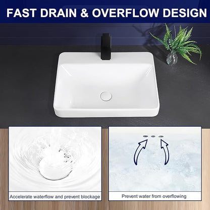 Vessel Sink 23"x18" Semi Recessed Bathroom Sink Drop-in White Bathroom Sink Porcelain Ceramic Modern Rectangular Sinks Drop-in Vanity Sinks with Overflow for Bathrooms