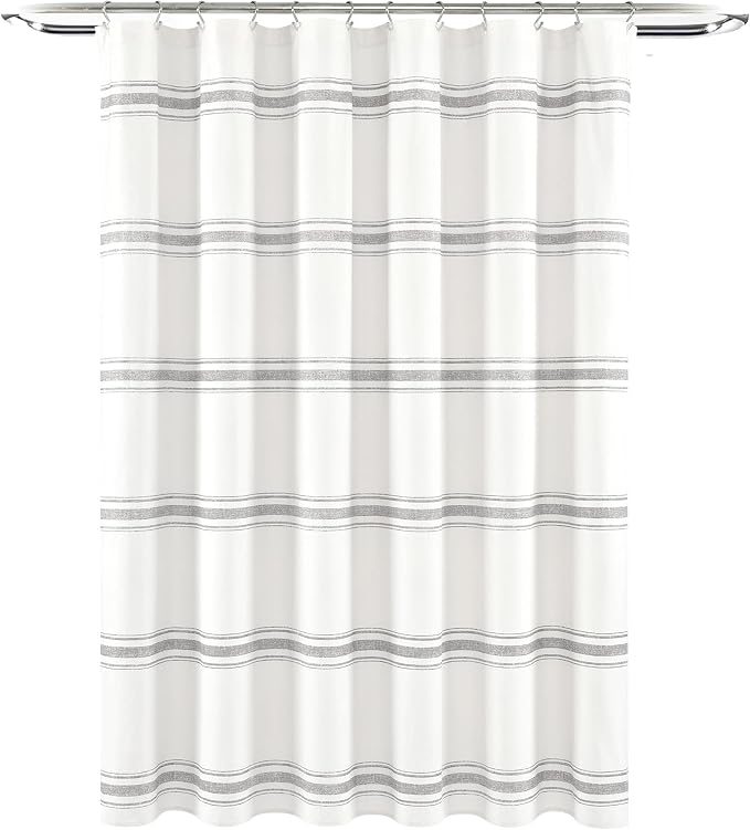 Lush Decor Farmhouse Stripe Cotton Shower Curtain, 72" W x 72" L, Gray - Striped Bathroom Curtain - Fabric Shower Curtains - Farmhouse Bathroom Decor