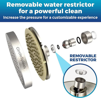 CircleSplash Shower Head - High Pressure 2.5 GPM - Brushed Nickel | Anti-clog silicone nozzles, removable restrictor, easy-clean fixed replacement