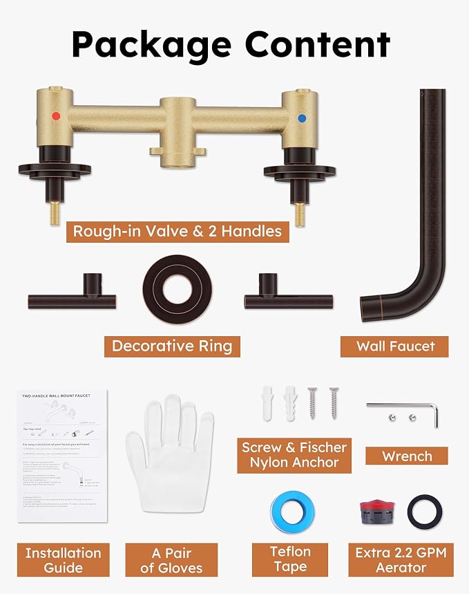 Oil Rubbed Bronze Bathroom Faucet - WOWOW Wall Mount Bathroom Faucet, 2 Handle Vanity Faucet 3 Holes Rough in Brass Valve Included Elegant Spout