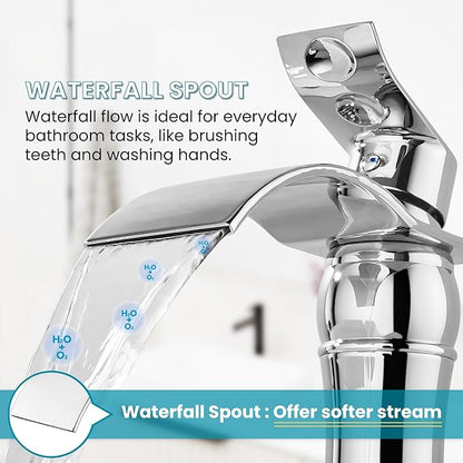 gotonovo Waterfall Vessel Sink Faucet for Sink 1 Hole,Single Handle Tall Bathroom Sink Faucet,Brass Waterfall Bathroom Faucet Arc Body Mixer Tap with Pop Up Drain and Supply Line,Polish Chrome
