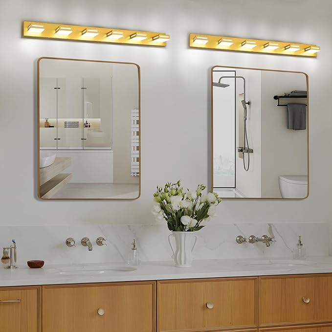 LED Modern Bathroom Light Fixtures, 6-Light 48-Inch Gold Vanity Lights for Bathroom Lighting Fixtures Over Mirror, 350° Rotatable Acrylic, 6000K Cool White Wall Lamp