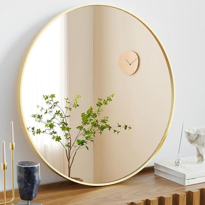 NEWBULIG 28 Inch Round Bathroom Mirror, Wall Mount Vanity Mirror | Circle Mirror for Over Sink, Matte Metal Frame, Entryway Decor, Bedroom Decor, Gold