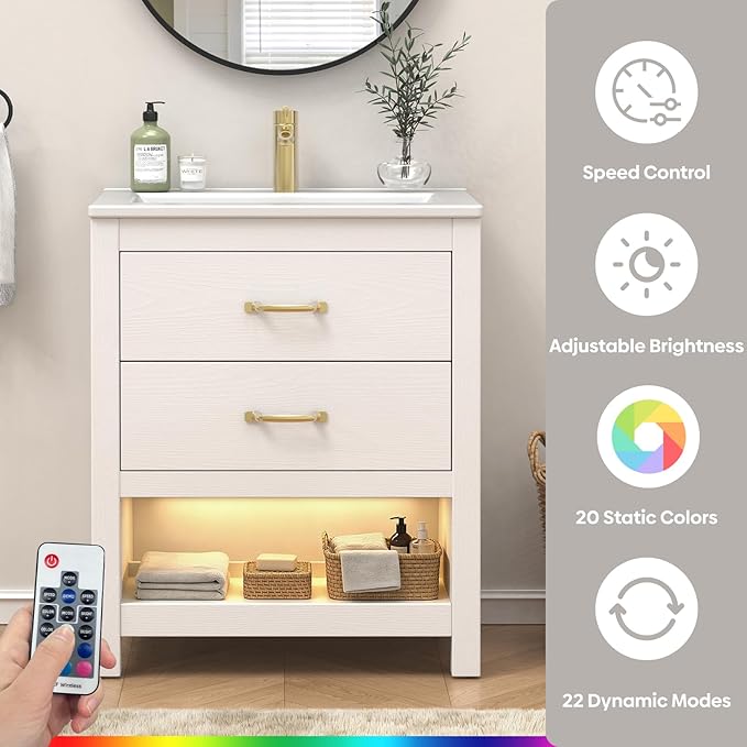 Bathroom Vanity with Sink 24 Inch, Modern Bathroom Cabinet Set with LED Light for Small Space, 2 Soft-Close Drawers with Organizer, Deep and Sloped Single Sink, Easy Assembly, White