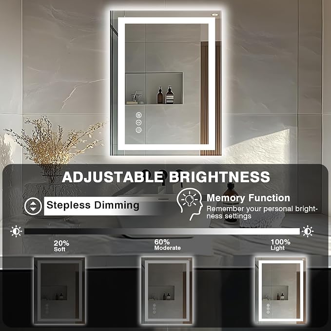 EchosLife 24"x32" LED Bathroom Mirrors for Wall | Backlit + Front Lit, Anti-Fog, Stepless Dimmable, 3 Colors, Memory, Tempered Glass, UL Listed, Horizontal/Vertical